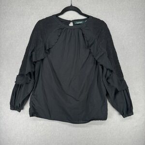 Lauren Ralph Lauren Top Womens Size S Black Ruffle Embroidered Lace Sheer Sleeve